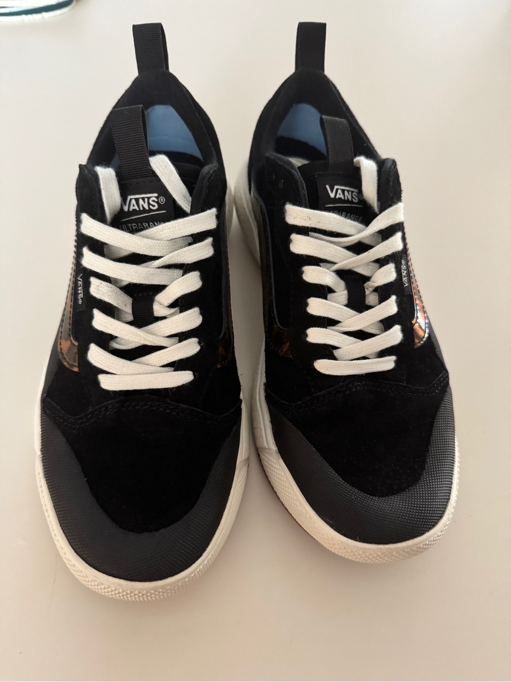 Vans Women’s Black Sneakers with White Laces and Metallic Side Stripe